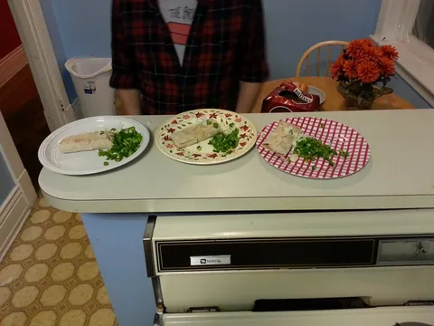 Some Amy’s samosa burritos. They were pretty good, but made much better with diced onion, green pepper, and jalapenos. Dan and I also made a salad that is not pictured.